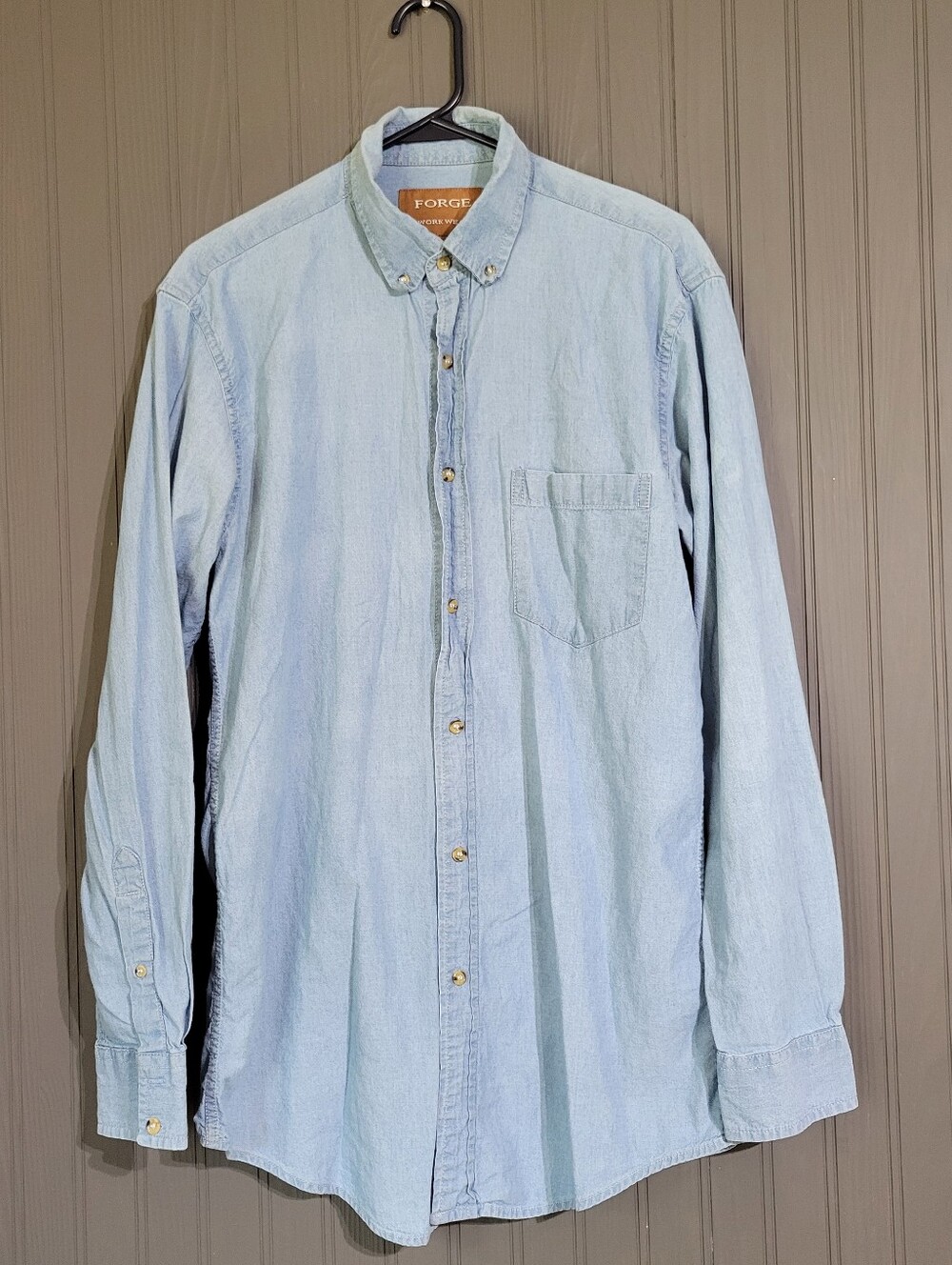 Forge Work Wear Denim Long Sleeve Button Down Shirt Cotton Blue Men's Medium